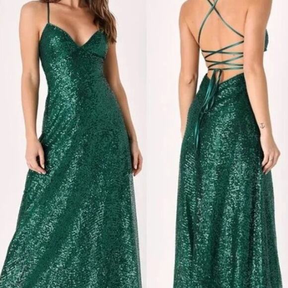 Ricarica Boutique Emerald Green Sequin Lace-Up Maxi Formal Dress - Picture 4 of 5